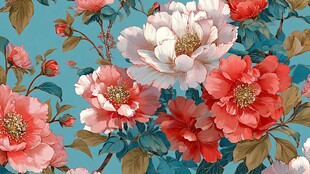 蓝色背景下的绚丽花卉图案