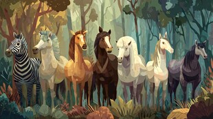 森林中的多彩马匹与斑马