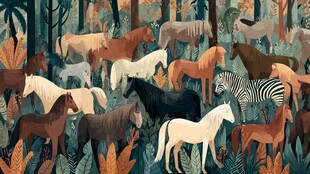 森林中的多彩马群与斑马