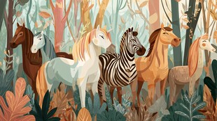 森林中的多彩马与斑马
