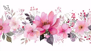 粉色花卉水彩画饰边图案
