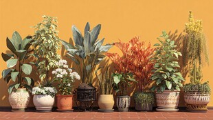 多彩盆栽排列于暖黄背景前