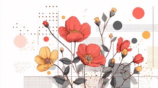 花卉插画 多彩花朵与几何元素