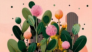 粉色花卉绿植插画