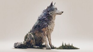 独坐荒野的斑驳狼雕塑