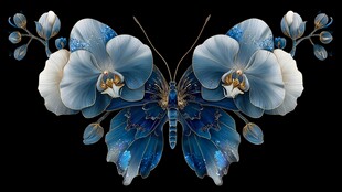 蓝白蝶形兰花艺术插画