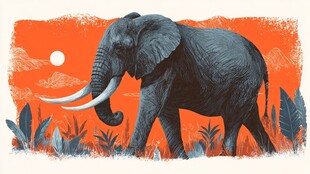 橙背景下漫步的非洲大象