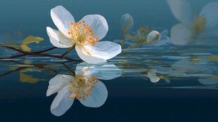 水中白花朵朵映倒影