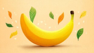 黄色香蕉与飘落的多彩叶子