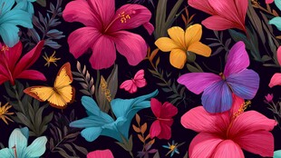 绚丽花卉与灵动蝴蝶图案