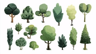 多样卡通树木插画集合