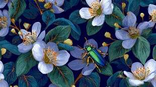 蓝底花卉间的绿甲虫