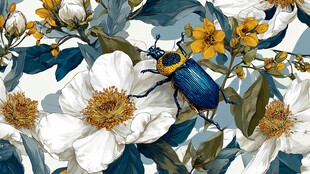 蓝甲虫栖于繁花绿叶间