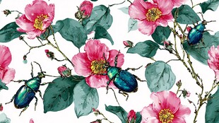 水彩花卉与甲虫无缝图案