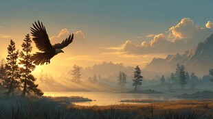 晨曦中雄鹰翱翔山水间