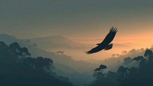 夕阳下雄鹰翱翔山林间