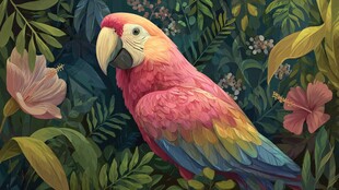 多彩鹦鹉栖于繁茂绿植间