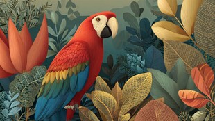 色彩斑斓的鹦鹉栖于丛林中