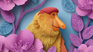 花丛中的长喙动物插画