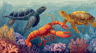 海龟龙虾共游多彩海底世界