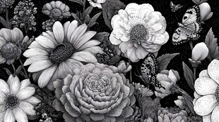 黑白花卉与蝴蝶艺术插画