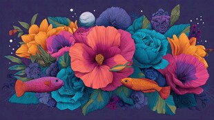 梦幻花卉与灵动小鱼