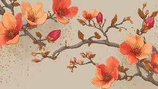 枝头绽放的绚烂橙色花朵