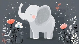 可爱小象置身花草间