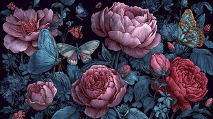 复古风花卉与蝴蝶图案