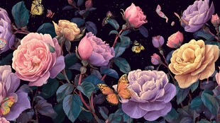 夜下繁花与蝶的梦幻图景
