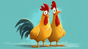两只可爱公鸡的趣味插画