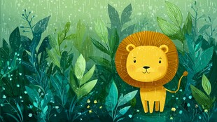 雨中森林里的可爱小狮子