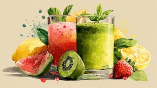 水彩绘缤纷果蔬鲜榨饮品