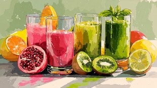 多彩鲜榨果汁与新鲜水果