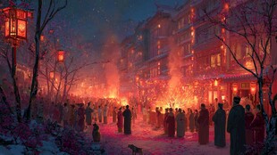 雪夜古街热闹灯会场景