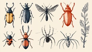 多样昆虫与植物插画展示