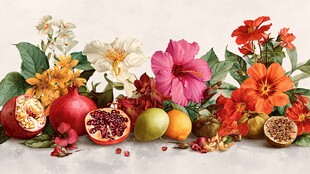 缤纷花卉与鲜果静物组合