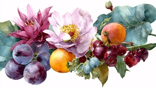 花卉与鲜果的水彩组合