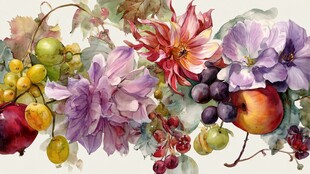 水彩绘花卉与果实图景