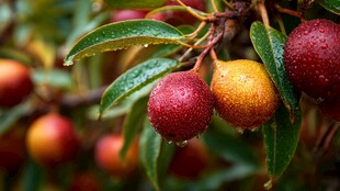 枝头带露的多彩果实