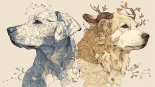 双犬花卉线条艺术插画