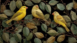 三只黄鸟栖于绿叶枝头