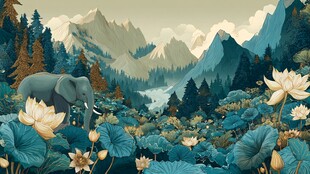 山林间大象漫步的奇幻景致