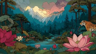 山林虎景与绽放荷花之美