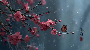 雪中红梅栖蝶图