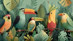 丛林中多彩鸟儿栖息枝头