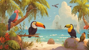 热带海滩上的多彩巨嘴鸟