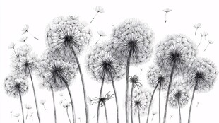 黑白蒲公英梦幻插画