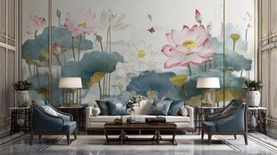 中式荷花壁画客厅雅致风