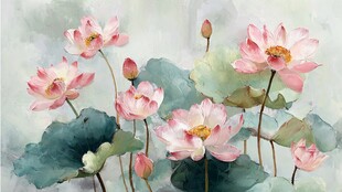 水墨风盛开的娇艳荷花